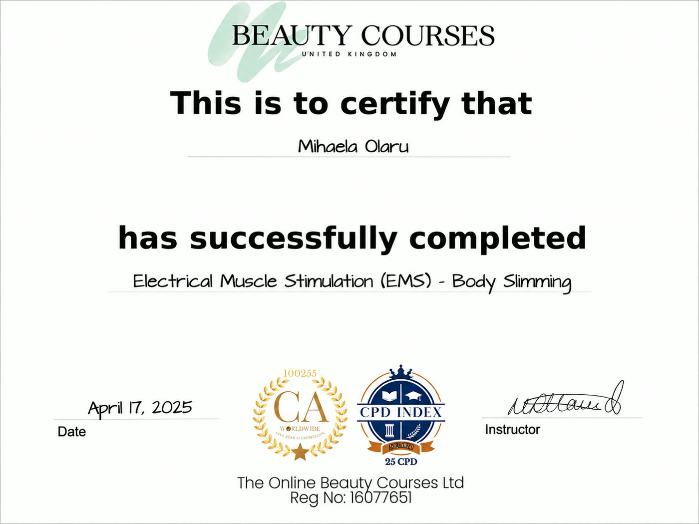 Electrical Muscle Stimulation (EMS) Body Slimming certificate awarded to Mihaela Olaru