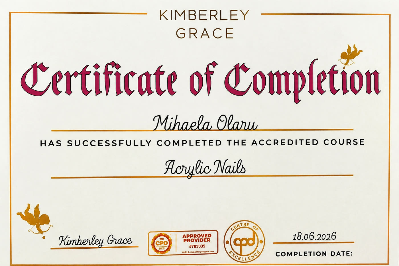 Acrylic Nails certificate awarded to Mihaela Olaru