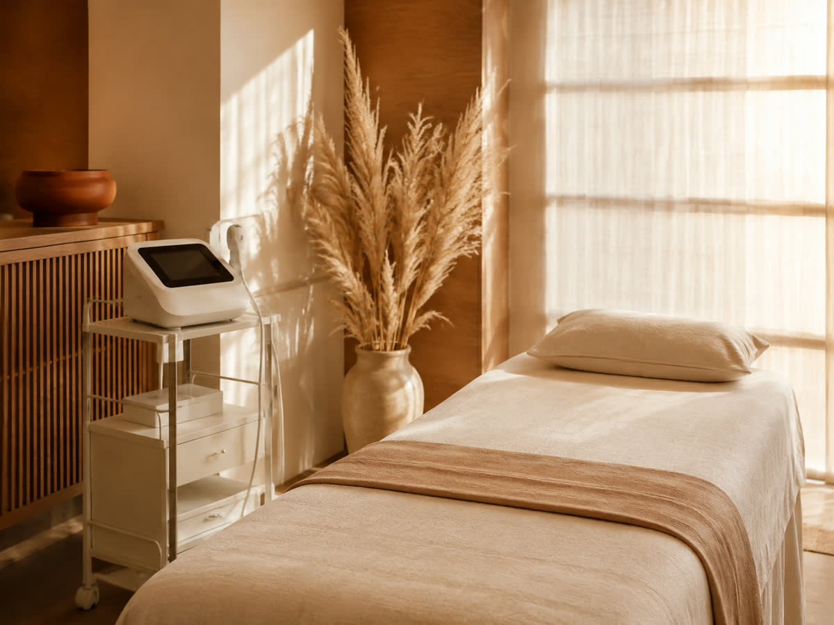 The calm treatment room at the Sculpt Treatment studio in Catford