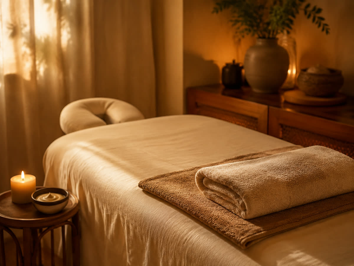 Muscle tension massage on a client's shoulders and back